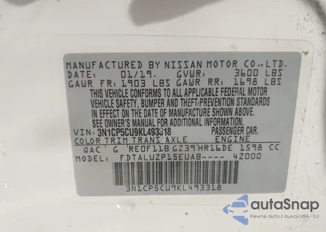 2019 Nissan Kicks Sr z USA, uszkodzony, nr VIN 3N1CP5CU9KL493318